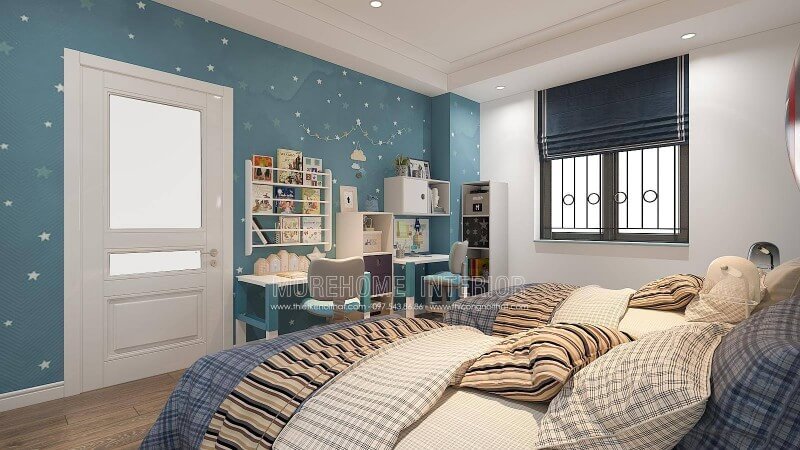 Bố trí phòng ngủ của con với góc học tập được trang trí bắt mắt sẽ là gợi ý khá thú vị, bạn có thể tham khảo ý tưởng bố trí phòng ngủ của 2 cậu con trai với bàn học được thiết kế tách rời và cách bố trí kệ trang trí, giá để đồ như trong đây. Tùy từng diện tích nhà bạn có thể bố trí phù hợp với căn hộ, nhà phố hay nhà biệt thự của mình. Thiết kế phòng ngủ biệt thự