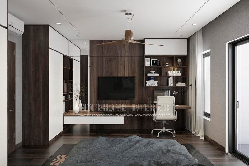 Tấm ốp tường gỗ vân gỗ óc chó đẹp cho nội thất phòng ngủ hiện đại. Thiết kế phòng ngủ biệt thự