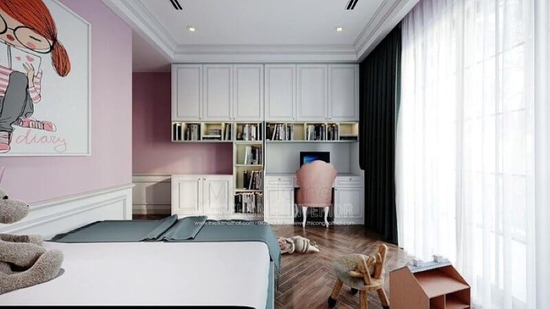 Góc học tập trong phòng ngủ con đẹp ấn tượng với bàn, kệ trang trí nhiều ngăn. Thiết kế phòng ngủ biệt thự