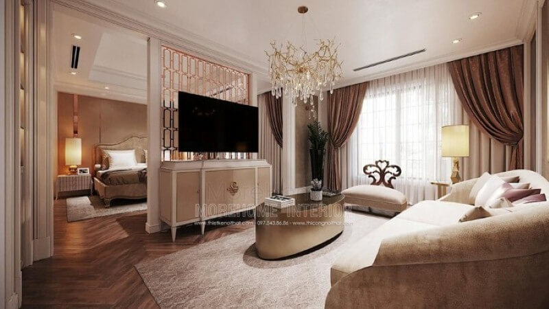 Kệ tivi đẹp với thiết kế nhẹ nhàng, thanh lịch tạo góc nhìn ấn tượng cho phòng ngủ master cao cấp. Thiết kế chung cư