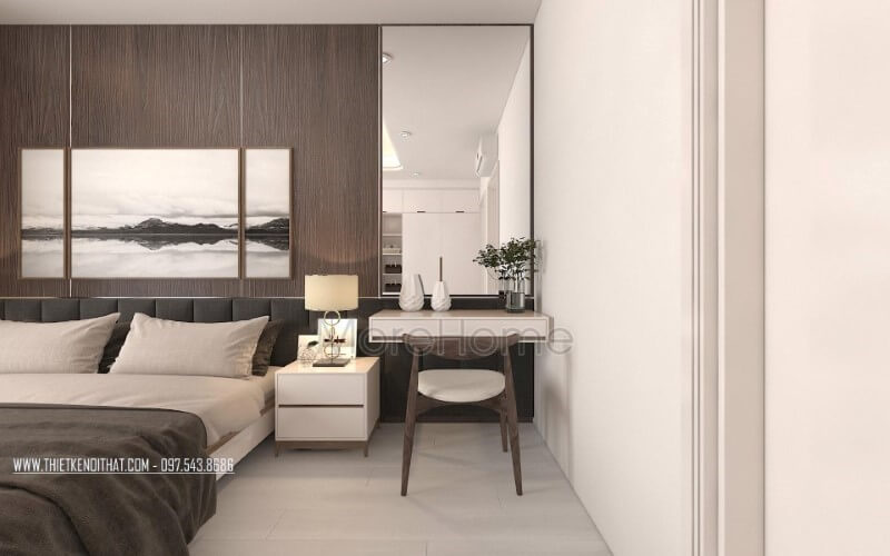 Bàn trang điểm kết hợp gương trang trí ốp tường hình chữ nhật tạo không gian phòng ngủ đơn giản nhưng hiện đại, đẹp, sang trọng. Thiết kế chung cư