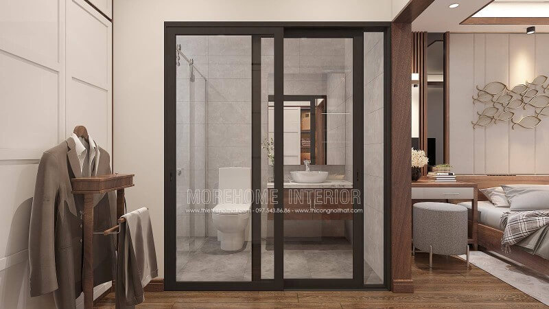 Xu hướng trang trí nội thất mở đặc biệt trong phòng ngủ nam phong cách hiện đại đang trở thành trào lưu mới mang lại nét phá cách ấn tượng từ lớp cửa kính trượt, tấm gỗ ốp tường ngăn cách 2 không gian thì vì cửa thông phòng. Thiết kế phòng ngủ biệt thự