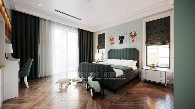 Bộ tranh trang trí hình ảnh các con vật đáng yêu tạo điểm nhấn sinh động cho phòng con. Thiết kế phòng ngủ biệt thự