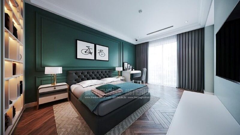 Giường ngủ, tab đầu giường màu trắng cao cấp kiểu dáng sang trọng tạo nét đẹp ấn tượng cuốn hút cho phòng ngủ đương đại. Thiết kế phòng ngủ biệt thự