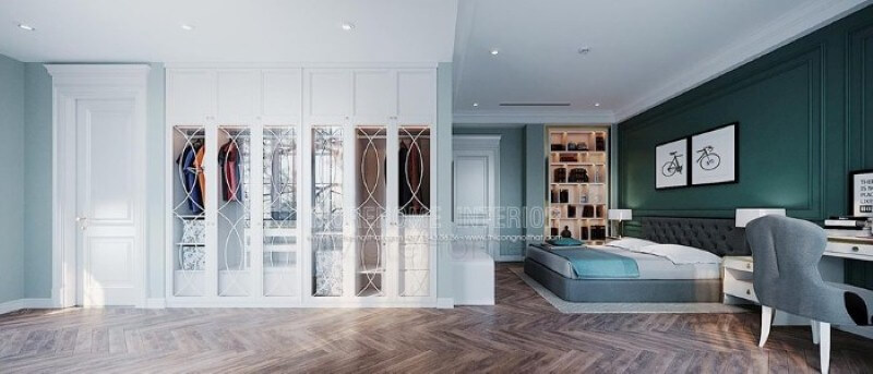 Tủ quần áo sơn trắng âm tường đẹp được bố trí âm tường khá độc đáo trong phòng ngủ. Thiết kế phòng ngủ biệt thự