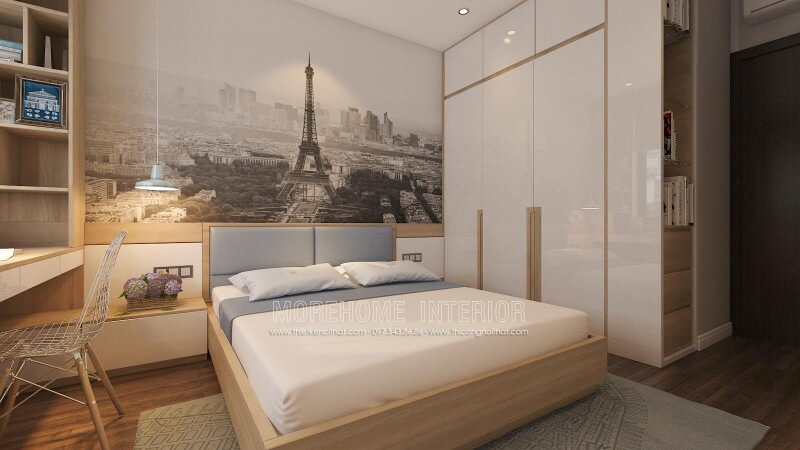 Ý tưởng sáng tạo trong sắp xếp nội thất phòng ngủ nhỏ nhưng tiện ghi với tab đầu giường làm kệ trang trí, tủ quần áo lồng với kệ để đồ cùng đèn thả ấn tượng giúp không gian phòng ngủ luôn đẹp và thông thoáng. Thiết kế phòng ngủ biệt thự