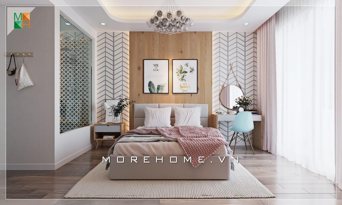 Tranh canvas họa tiết cây lá xanh mát rất hợp với thiết kế không gian phòng ngủ đẹp. Thiết kế phòng ngủ biệt thự