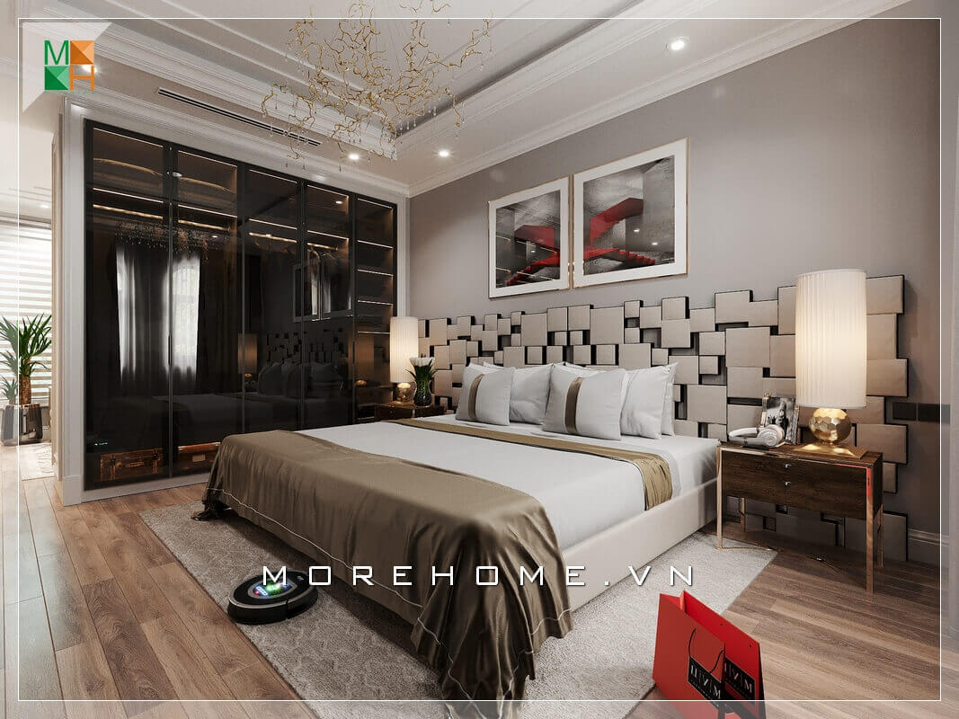 Xen lẫn giữa căn phòng ngủ hiện đại là chiếc tủ quần áo âm tường cánh kính màu đen sang trọng, hiện đại. Thiết kế phòng ngủ biệt thự