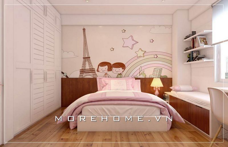 Thiết kế phòng ngủ bé gái hiện đại, việc tận dụng ánh sáng tự nhiên bên ngoài giúp cho căn phòng luôn sinh động, tươi mới