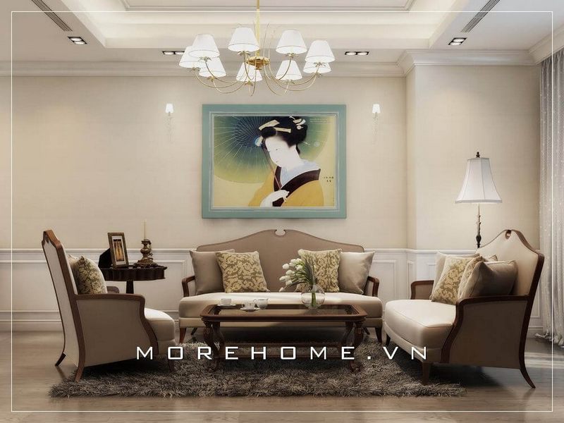 Bắt mắt với bộ sofa gỗ óc chó cao cấp bọc da màu kem mềm mại thiết kế theo phong cách tân cổ điển sang trọng, tinh tế của phòng khách căn hộ